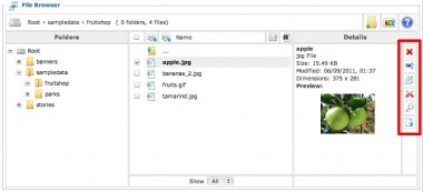 Joomla JCE image manager file selezionato pulsanti 380x173